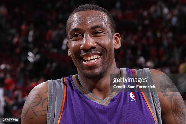 Amar'e Stoudemire of the Phoenix Suns flashes a winning smile during a game against the Portland Trail Blazers in Game Six of the Western Conference...