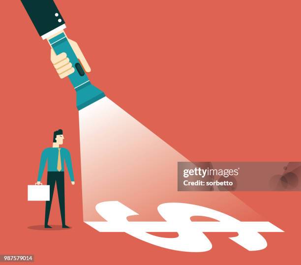 businessman with flashlight and dollar sign - holding flashlight stock illustrations