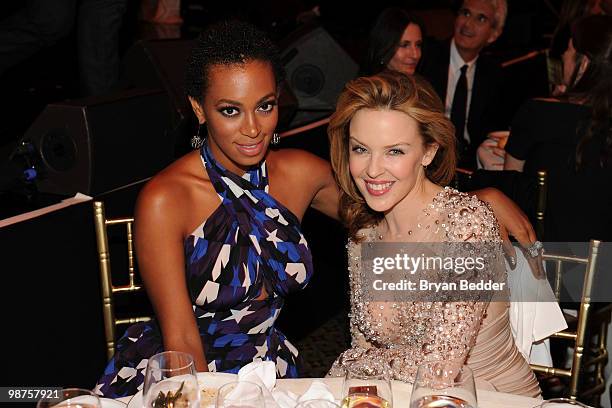 Singers Solange Knowles and Kylie Minogue attend DKMS' 4th Annual Gala: Linked Against Leukemia at Cipriani 42nd Street on April 29, 2010 in New York...