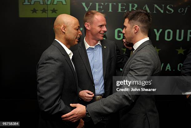 Actor JR Martinez, IAVA's Todd Bowers and actor Milo Ventimiglia attend IAVA's Second Annual Heroes Celebration held at CAA on April 29, 2010 in Los...