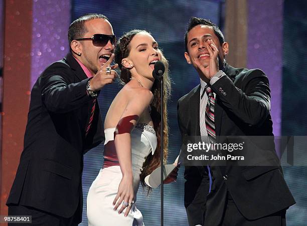 Singer Belinda and Christian Colon and Angel Rivera Guzman of Angel and Khriz speak onstage at the 2010 Billboard Latin Music Awards at Coliseo de...