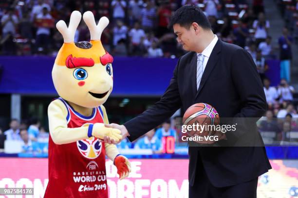 President of the Chinese Basketball Association Yao Ming attends the 2019 FIBA Basketball World Cup qualification Group A first round match between...