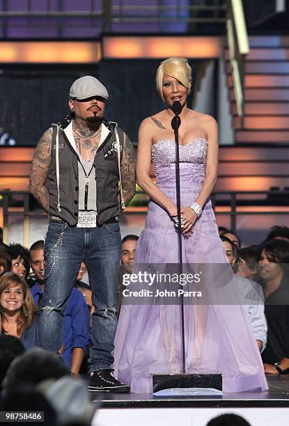 Singers AB Quintanilla and Ivy Queen speak onstage at the 2010 Billboard Latin Music Awards at Coliseo de Puerto Rico José Miguel Agrelot on April...