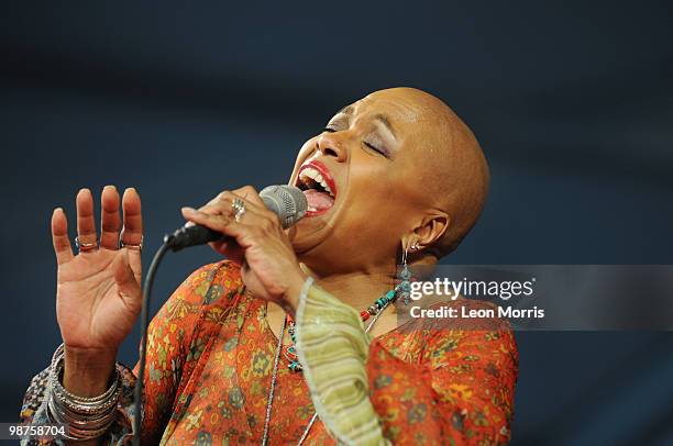 Dee Dee Bridgewater performs on stage during the New Orleans Jazz and Heritage Festival on April 28, 2010 in New Orleans, Louisiana. The Festival...