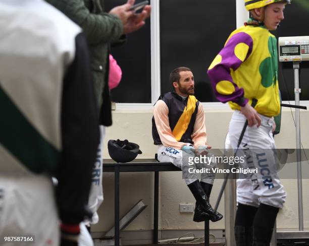 Damien Oliver is seen in the jockeys room during Melbourne racing at Caulfield Racecourse on June 30, 2018 in Melbourne, Australia.