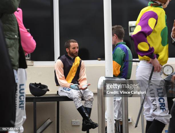 Damien Oliver is seen in the jockeys room during Melbourne racing at Caulfield Racecourse on June 30, 2018 in Melbourne, Australia.