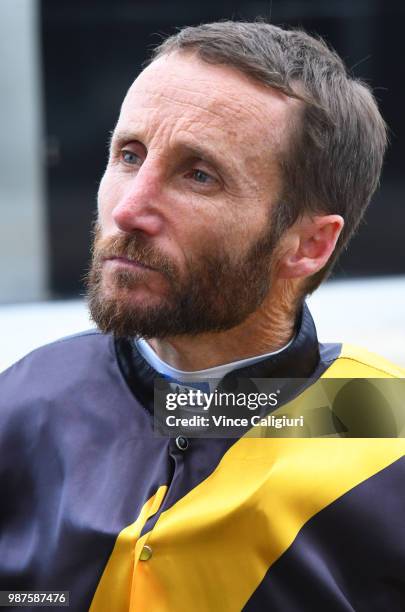 Damien Oliver is seen during Melbourne racing at Caulfield Racecourse on June 30, 2018 in Melbourne, Australia.