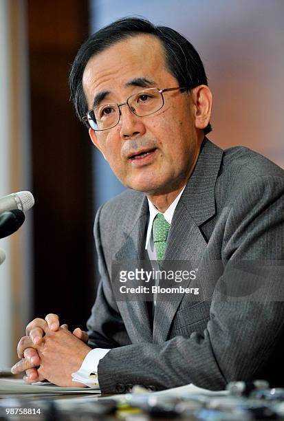 Masaaki Shirakawa, governor of the Bank of Japan, speaks during a news conference at the central bank's headquarters, in Tokyo, Japan, on Friday,...