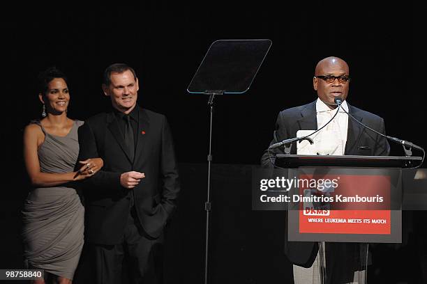 Halle Berry, CEO of Coty Inc. Bernd Beetz and Antonio L.A. Reid speak at the DKMS' 4th Annual Gala: Linked Against Leukemia at Cipriani 42nd Street...