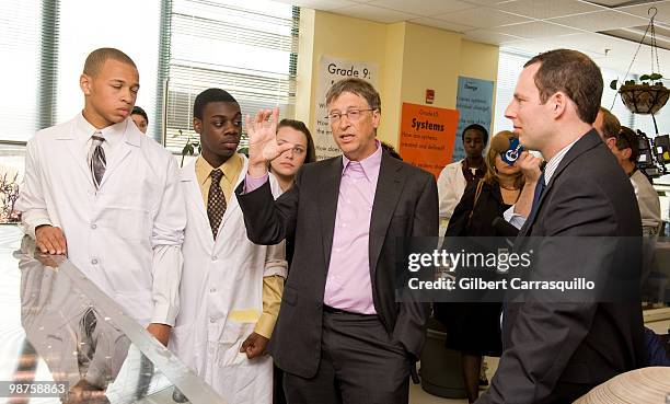 Bill Gates tours and interacts with students in the engineering lab at Science Leadership Academy prior to the 2010 Franklin Institute Awards held at...