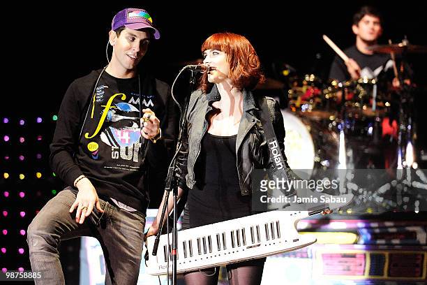 Gabe Saporta and Victoria Asher of Cobra Starship perform at mtvU's Movies & Music Festival "Too Fast For Love" tour at Manchester Field on April 29,...
