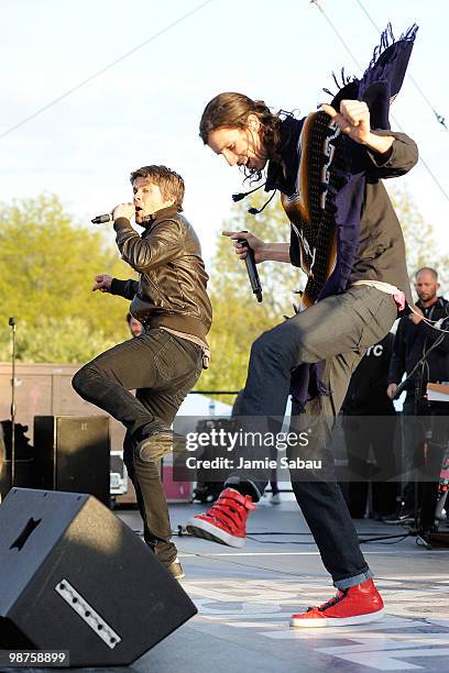 Sean Foreman and Nathaniel Motte of 3OH!3 perform at mtvU's Movies & Music Festival "Too Fast For Love" tour at Manchester Field on April 29, 2010 in...