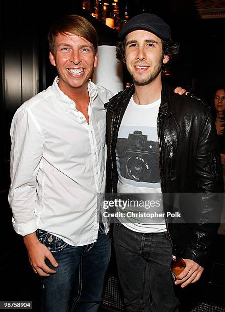 Actor/comedian Jack McBrayer and musician Josh Groban attend "The Bedwetter" Book Launch Hosted By 944 and Absolut at Trousdale on April 29, 2010 in...