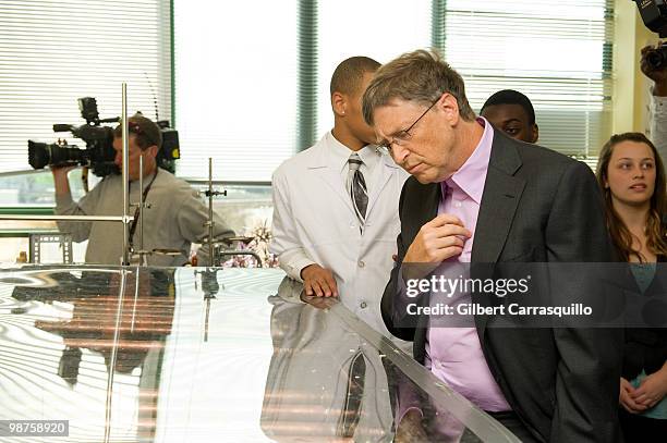 Bill Gates tours and interacts with students in the engineering lab at Science Leadership Academy prior to the 2010 Franklin Institute Awards held at...