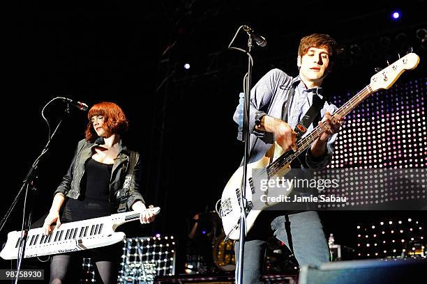 Victoria Asher and Alex Suarez of Cobra Starship performs at mtvU's Movies & Music Festival "Too Fast For Love" tour at Manchester Field on April 29,...
