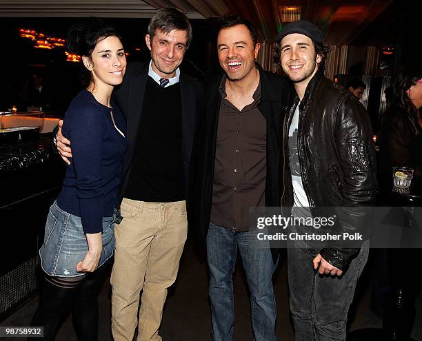 Comedian Sarah Silverman, writer Alec Sulkin, actor Seth MacFarlane and musician Josh Groban attend "The Bedwetter" Book Launch Hosted By 944 and...