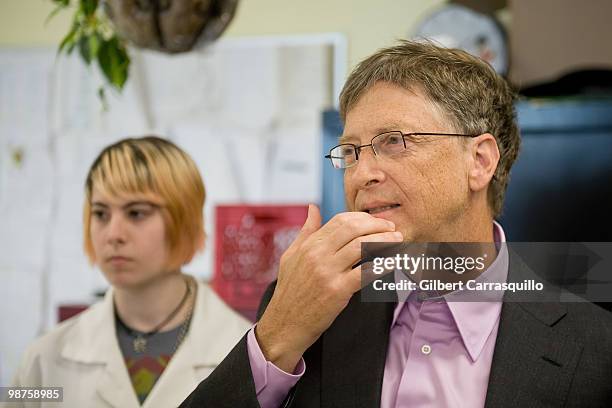 Bill Gates tours and interacts with students in the engineering lab at Science Leadership Academy prior to the 2010 Franklin Institute Awards held at...