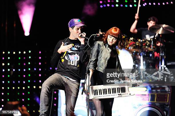 Gabe Saporta and Victoria Asher of Cobra Starship perform at mtvU's Movies & Music Festival "Too Fast For Love" tour at Manchester Field on April 29,...