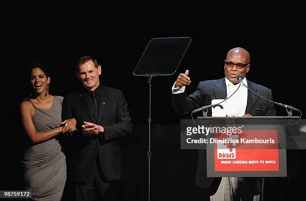 Halle Berry, CEO of Coty Inc. Bernd Beetz and Antonio L.A. Reid speak at the DKMS' 4th Annual Gala: Linked Against Leukemia at Cipriani 42nd Street...