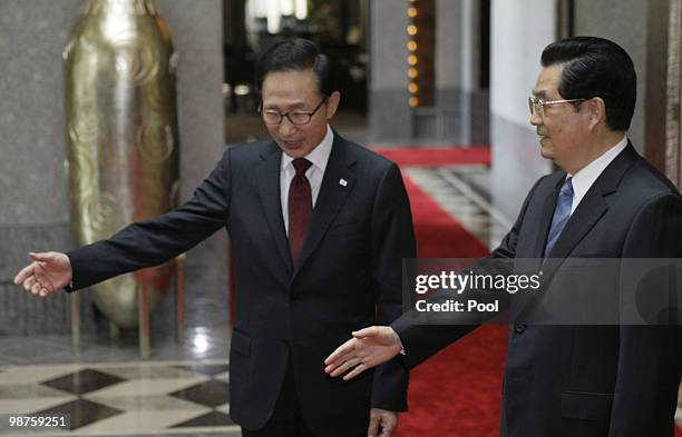 Chinese President Hu Jintao receives South Korean President Lee Myung-bak on April 30, 2010 in Shanghai, China. The Presidents held talks which...