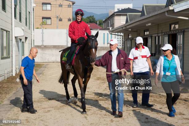 John Moore stable’s trackwork rider Romain Clavreul riding Hong Kong runner Werther to prepare the Takarazuka Kinen at Hanshin Racecourse on June 22,...