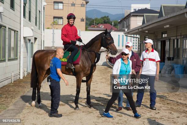 John Moore stable’s trackwork rider Romain Clavreul riding Hong Kong runner Werther to prepare the Takarazuka Kinen at Hanshin Racecourse on June 22,...