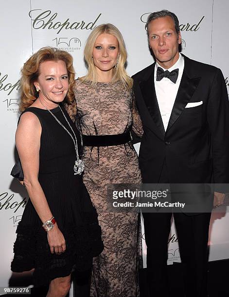 Vice President of Chopard Caroline Gruosi-Scheufele, actress Gwyneth Paltrow and President and CEO of Chopard USA Marc Hruschka attend the star...