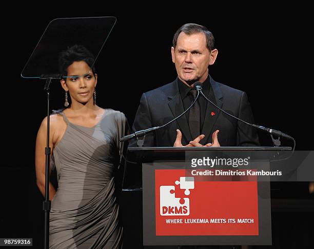 Halle Berry and CEO of Coty Inc. Bernd Beet speak at the DKMS' 4th Annual Gala: Linked Against Leukemia at Cipriani 42nd Street on April 29, 2010 in...