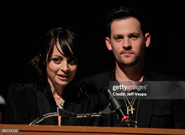 Nicole Richie and musician Joel Madden speak at the Beyond Shelter Inspiration Awards Celebration held at Paramount Studios on April 29, 2010 in Los...