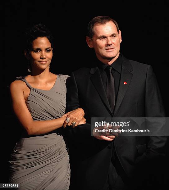 Halle Berry and CEO of Coty Inc. Bernd Beet speak at the DKMS' 4th Annual Gala: Linked Against Leukemia at Cipriani 42nd Street on April 29, 2010 in...