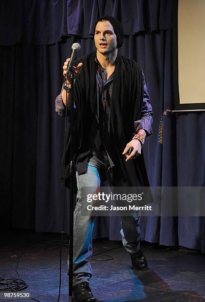 Actor Ashton Kutcher during the "A Night of 140 Tweets" benefit for Haiti hosted by 42 Below Vodka at the Upright Citizens Brigade Theatre on March...