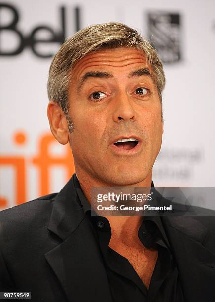 Actor George Clooney speaks onstage at the "Men Who Stare At Goats" press conference held at the Sutton Place Hotel on September 11, 2009 in Toronto,...