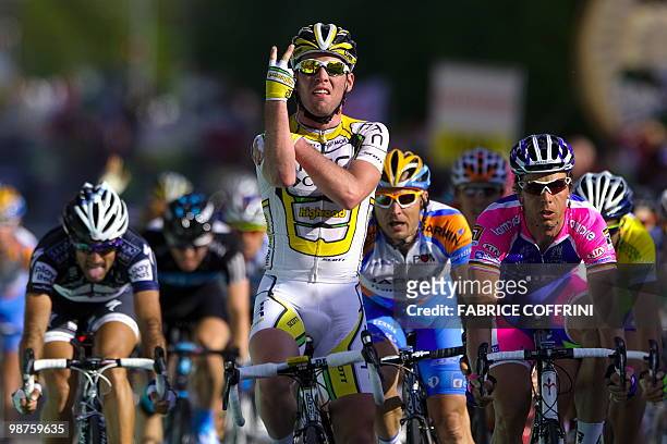 British rider Mark Cavendish of the Columbia-HTC team gestures as he celebrates after winning the second stage of the UCI protour Tour de Romandie...