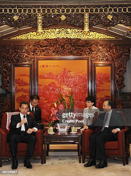 French President Nicolas Sarkozy holds talks with Chinese Prime Ministe Wen Jiabao at the Zhongnanhai leadership compound on April 30, 2010 in...