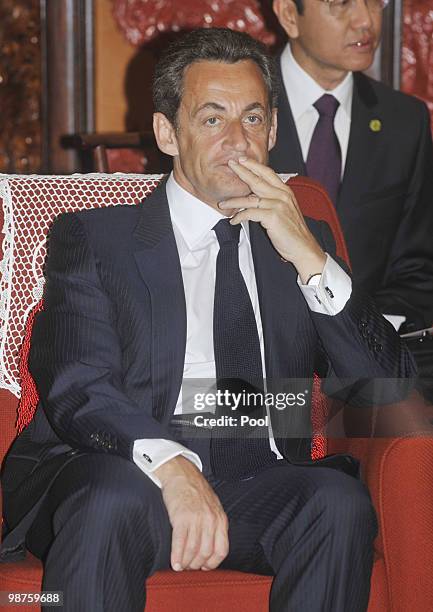 French President Nicolas Sarkozy holds talks with Chinese Prime Minister Wen Jiabao at the Zhongnanhai leadership compound on April 30, 2010 in...