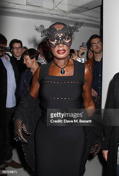 Grace Jones attends the private view of 'Stillness At The Speed Of Light' an exhibition of portraits by Chris Levine on April 29, 2010 in London,...