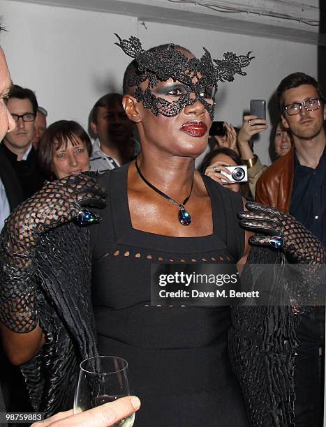 Grace Jones attends the private view of 'Stillness At The Speed Of Light' an exhibition of portraits by Chris Levine on April 29, 2010 in London,...