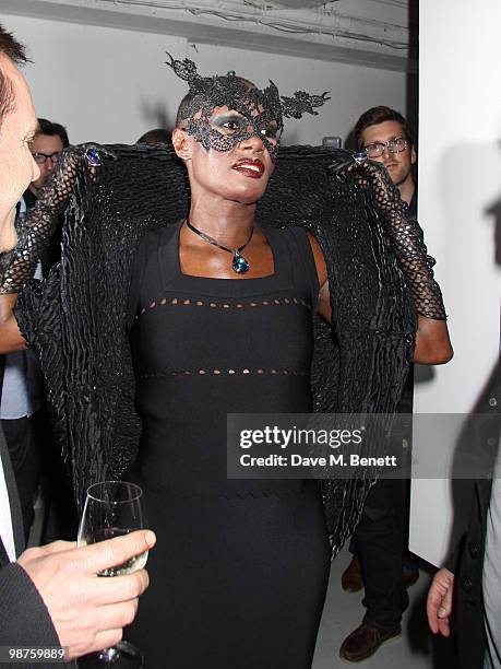 Grace Jones attends the private view of 'Stillness At The Speed Of Light' an exhibition of portraits by Chris Levine on April 29, 2010 in London,...