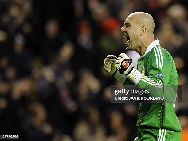 Liverpool's Spanish goalkeeper Jose Reina celebrates after the opening goal during their UEFA Europa League Semi Final second leg football match...