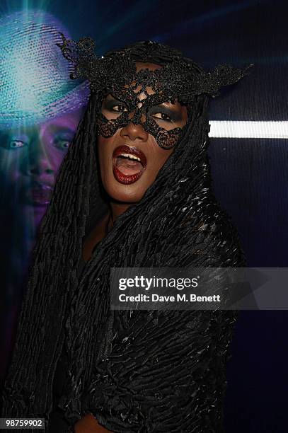 Grace Jones attends the private view of 'Stillness At The Speed Of Light' an exhibition of portraits by Chris Levine on April 29, 2010 in London,...