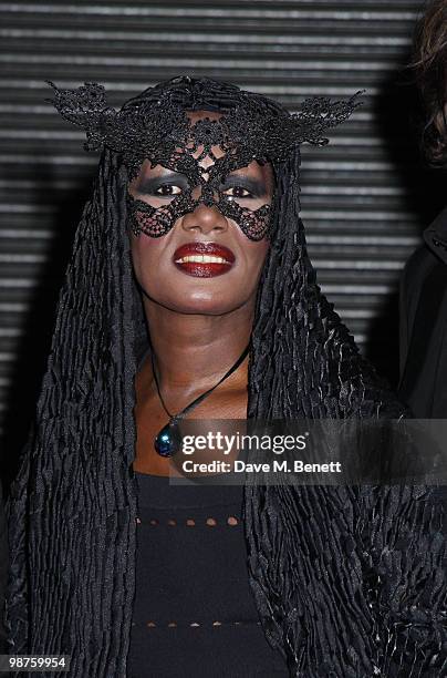 Grace Jones attends the private view of 'Stillness At The Speed Of Light' an exhibition of portraits by Chris Levine on April 29, 2010 in London,...