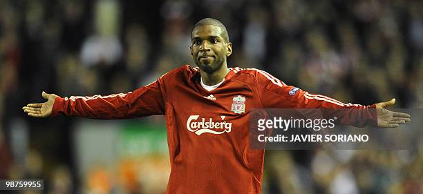 Liverpool's Dutch forward Ryan Babel reacts during their UEFA Europa League semifinal second leg football match against Atletico Madrid at Anfield,...
