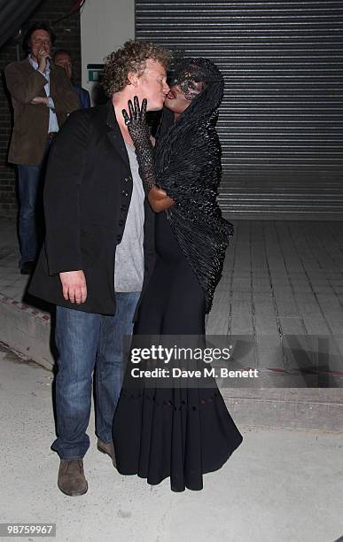 Grace Jones, Chris Levine at the private view of 'Stillness At The Speed Of Light' an exhibition of portraits by Chris Levine on April 29, 2010 in...