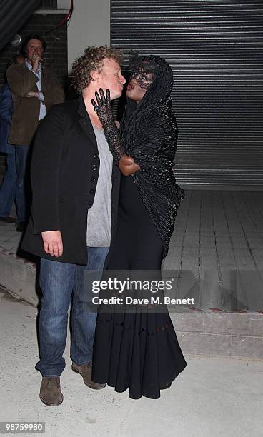 Grace Jones, Chris Levine at the private view of 'Stillness At The Speed Of Light' an exhibition of portraits by Chris Levine on April 29, 2010 in...