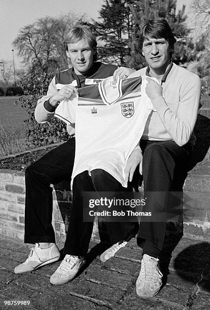 New England caps Derek Statham and Gordon Cowans with the England shirt during training at Bisham Abbey on 22nd February 1983 prior to the match...