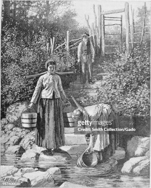 Engraving of two women gathering water at a creek, using buckets and a yoke system, with a man standing and watching in the background, in an...