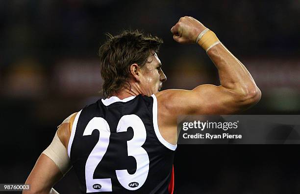 Justin Koschitzke of the Saints celebrates after kicking a goal during the round six AFL match between the Western Bulldogs and the St Kilda Saints...