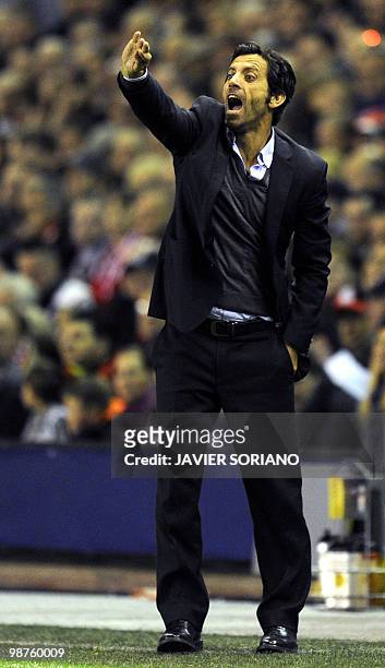 Atletico Madrid's coach Quique Sanchez Flores reacts during their UEFA Europa League semifinal second leg football match against Liverpool at...