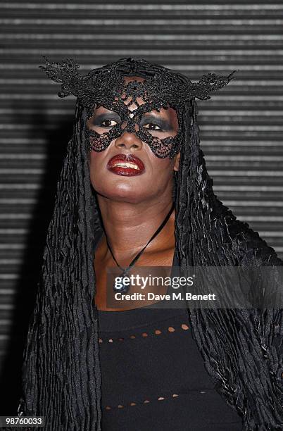 Grace Jones attends the private view of 'Stillness At The Speed Of Light' an exhibition of portraits by Chris Levine on April 29, 2010 in London,...