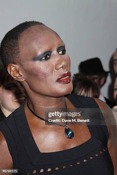 Grace Jones attends the private view of 'Stillness At The Speed Of Light' an exhibition of portraits by Chris Levine on April 29, 2010 in London,...